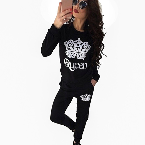 Fashion 2 Piece Set Women Tracksuit Outfits 2018 Spring Autumn Quality Queen Crown Printed Cotton O-Neck Sportswear Clothes