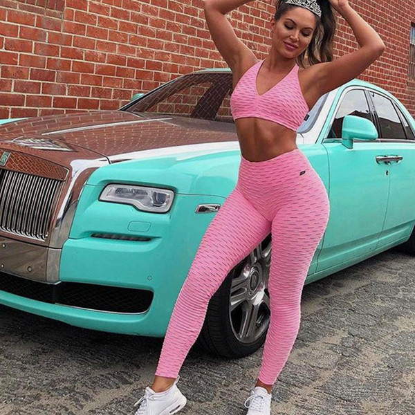 Women's Fitness Suits Crop Tank Workout Deep V Neck Top And Legging Pants 2 Pieces Set 2018 Fashion Ladies Pink Sexy Tracksuit