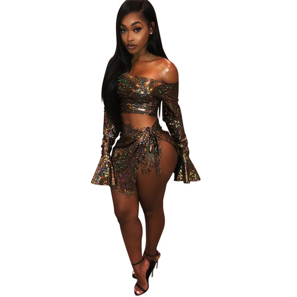 Party Clubwear Sexy Sparkly Two Piece Set Women Flare Sleeve Off Shoulder Crop Top and Skirt Set Matching Sets Conjunto Feminino