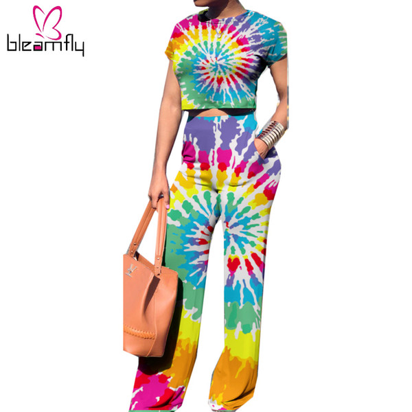 Sexy Two Piece Set Women Summer New Short Sleeve Crop Top+Wide Leg Pants Suits Outfits Rainbow Gradient 2 Piece Matching Sets