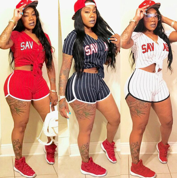 Europe and America hot sexy women's striped letter printed baseball clothing short-sleeved shorts sports two-piece 