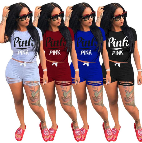 Europe and the United States hot fashion sexy pink letters women's summer sportswear love pink short-sleeved Tops + shorts 2PCS suit