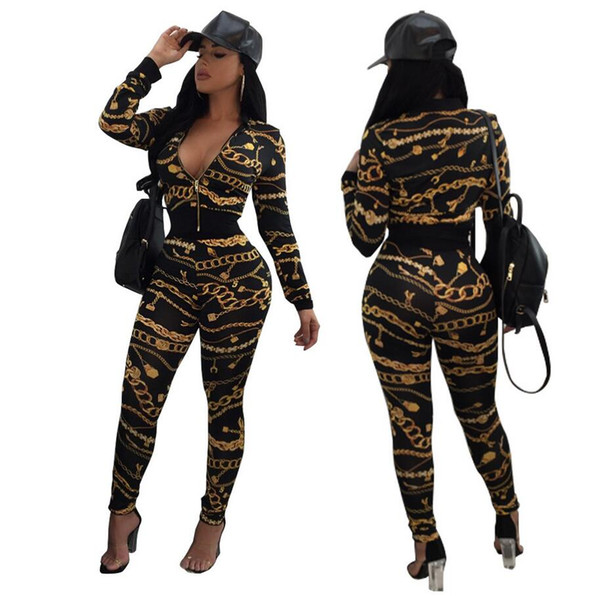 2019 Europe and the United States hot women's printing long-sleeved sports suit sexy stitching two-piece nightclub clothing