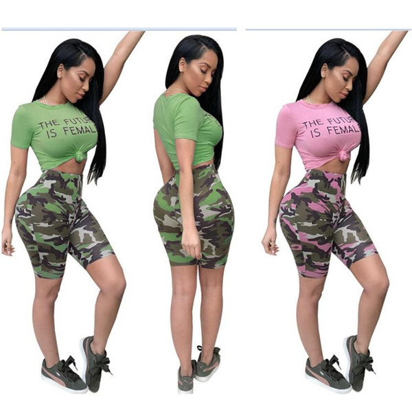 PINK Women Shorts T-shirts Sports Suits Outfit Camouflage printed Shorts Short Pants Tops 2piece Tracksuit Summer GYM Clothing Set