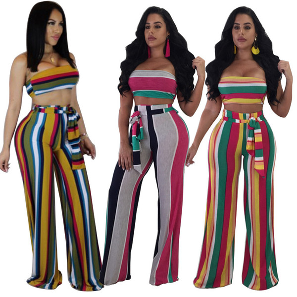 Women Casual Tracksuit Same Color Striped Crop Top Pants Wide Legs Pantsuit Sexy Chest Wraps High Waist Pants 2 Piece Set Summer Sweatsuit