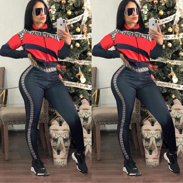 2019 European and American women's clothing long-sleeved letter printing sports suit stitching two-piece set free shipping