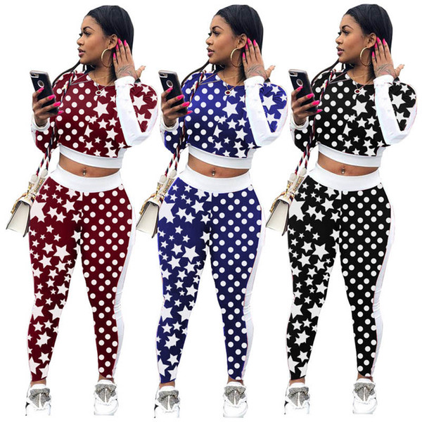 Women Star Polka Dot Print Tracksuits O Neck Long Sleeve Crop T Pullovers + Bodycon Pant Casual Autumn Two Piece Outfits Sportswear S-2XL