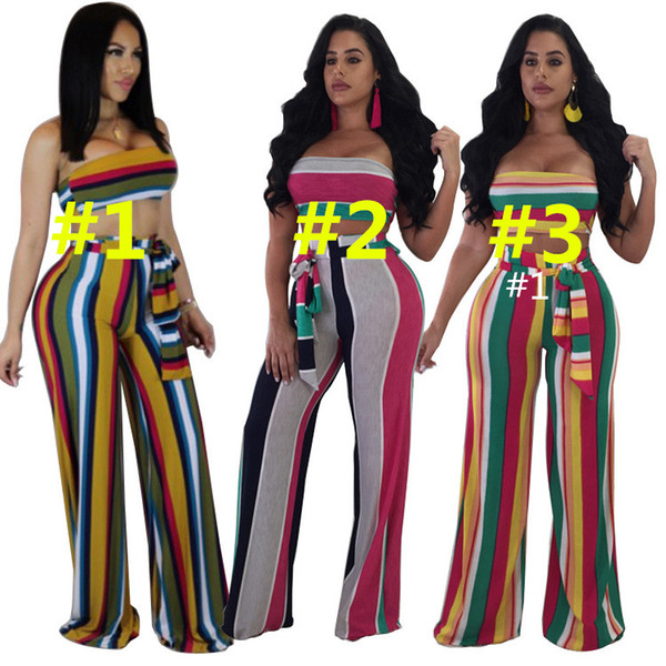 Women Casual Tracksuit Same Color Striped Crop Top Pants Wide Legs Pantsuit Sexy Chest Wraps High Waist Pants 2 Piece Set Summer Sweatsuits