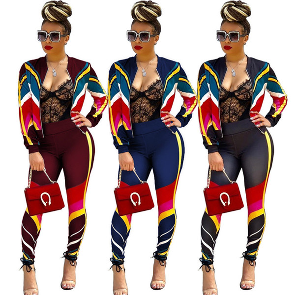 Women Sports Tracksuit Jogger Outfit Sportswear Multi Color Matching Patchwork Splicing Long Sleeve Zipper Coat Stripe Pants Leggings Set