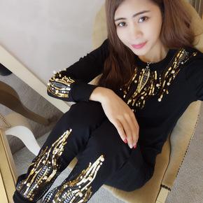 New Spring Autumn Tracksuit Women Hoodies 2-Piece Set Sweatshirt+Long Pants Leisure Suits with Sequins Sport Sets