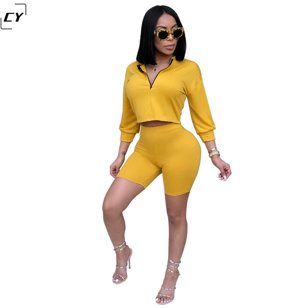 Color Yellow Womens Sets Two Piece Sets Crop Top Plus High Waist Shorts Crop Top Skirt Casual Women's