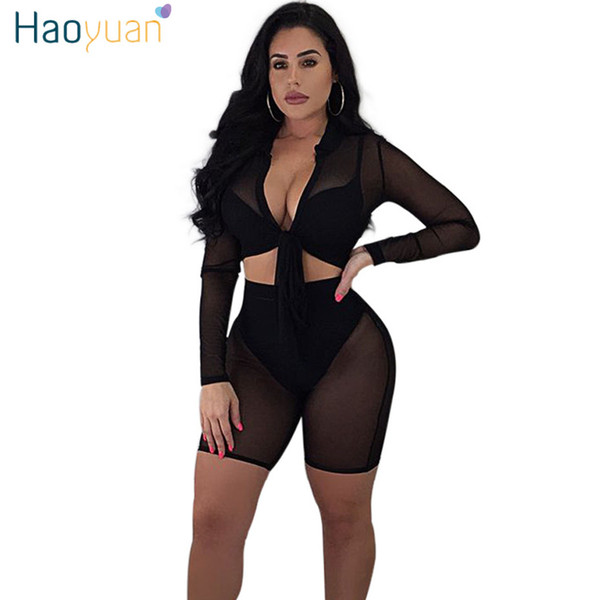 HAOYUAN Sexy 2 Piece Set Women Long Seleeve See Through Mesh Crop Top+Bodycon Shorts Suits Casual Outfits Two Pcs Matching Sets