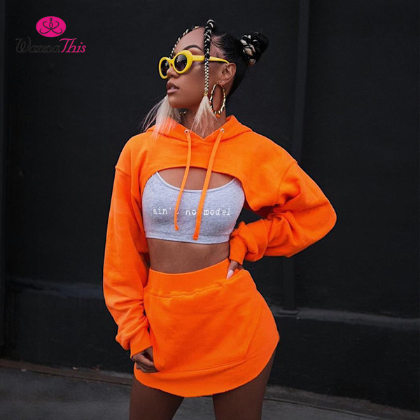 WannaThis Sexy 2 pcs Sets Women Hooded Long Sleeve Supper Short Crop Tops Elastic Mini Front Pocket Skirts Suits 2 Piece Sets