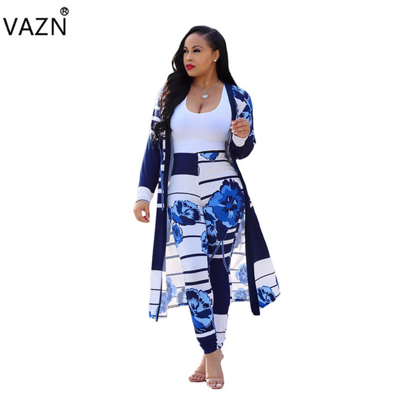 VAZN 2018 summer hot sales 2-pieces casual floral print long sets women o- neck full sleeve sets ladies hollow out CM202