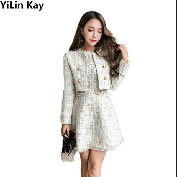 YiLin Kay 2017 autumn winter tweed two pieces sets clothing women long sleeve gold button tweed coat mini vest dress suits