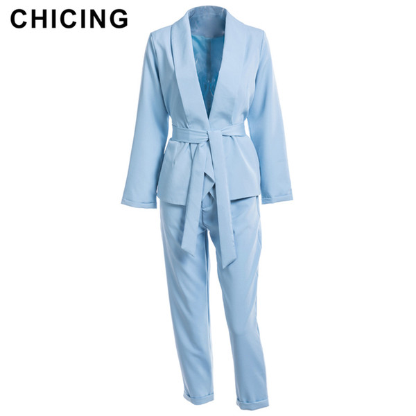 CHICING High Street Solid Women Two Piece Sets Long Sleeve Sash Jacket Plus Casual Long Pants Women Clothing Sets 1806058