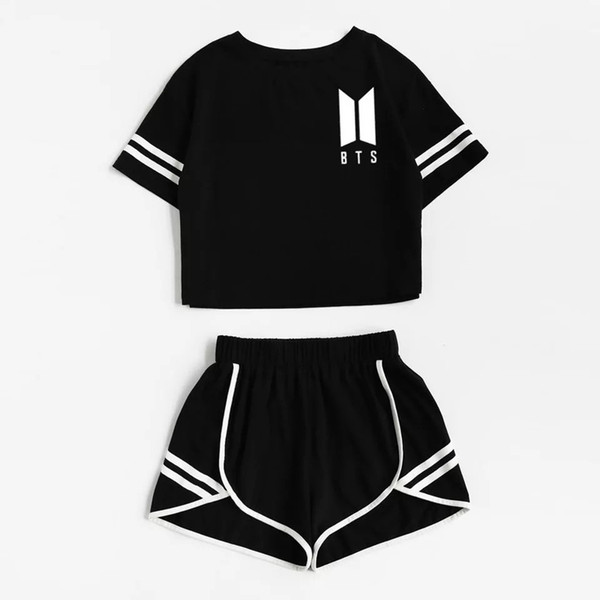 2018 Tracksuit Women Two Piece Set Summer T Shirt Crop Tops and Shorts Set Fashion BTS Kpop Stripe Lady Track Suit 2 Pieces