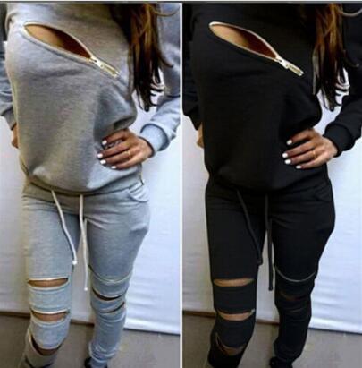 Fashion Zipper Hollow Out Women Tracksuits Sport Suit O-Neck Long sleeve Women Hoodies 2 Piece Set Jogging women clothing