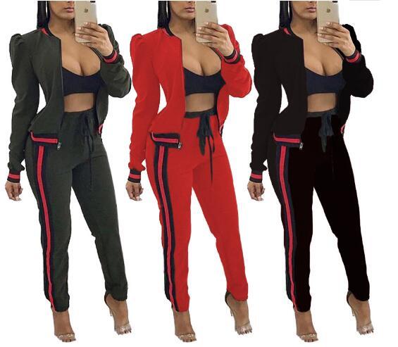 Two Piece Set Autumn Winter Zipper Jackets Top And Side Striped Pants Fitness Outfit Casual Track Suits Women Tracksuit