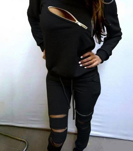 European and American fashion new trend sexy zipper Long sleeve casual sweatsuit sportsuit plus velvet black gray Two Piece Set