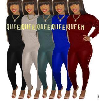 QUEEN Women Hoodie Two Piece Set Outfits Print Letter Pearl Sweatshirt Tights Leggings Tracksuit Loose Pullover Sweat Pants Sportswear