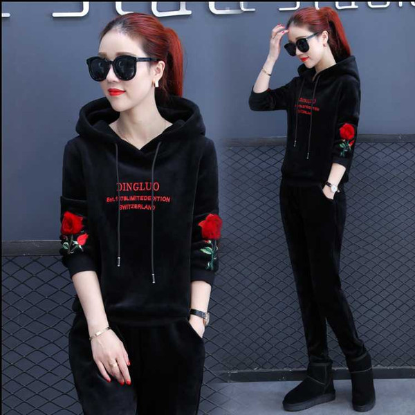 Gold velvet suit female fashion 2019 new spring and autumn students hooded sweater two-piece casual sports suit