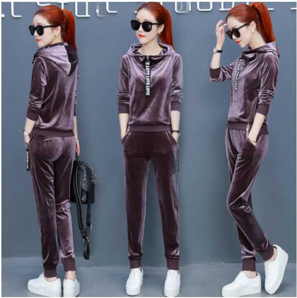 2019 autumn and winter new fashion students hooded sweater two-piece casual gold velvet sportswear suit female winter