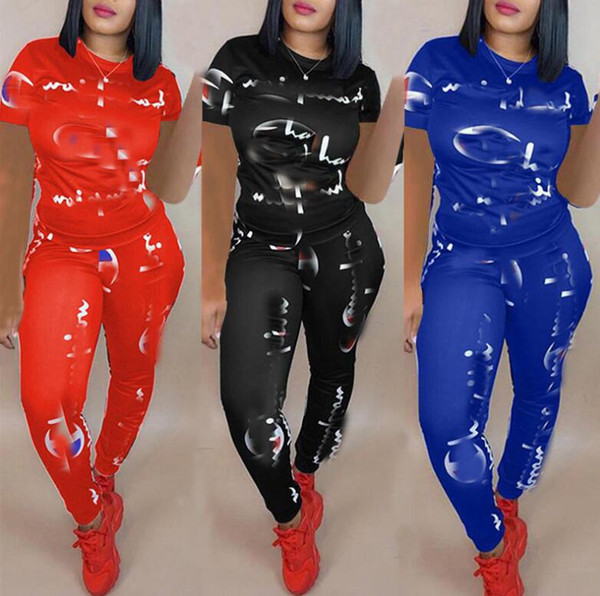 Women Letter Tracksuit Short Sleeve T shirt + Pants Leggings 2PCS Set Summer Designered T-shirt Outfit CHAMPed Sportswear Suit Clothes