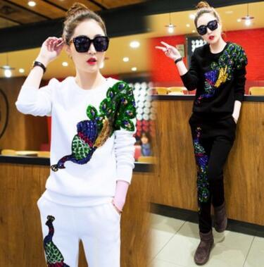 High Quality Fashion Women Hoodie Set Sport Casual Tracksuit Woman Sweatshirt Sequin Peacock Pullover Hoodies +Pants Female Clothing Set