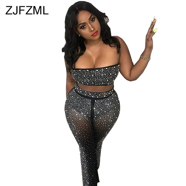 ZJFZML Rhinestones Splice Sexy 2 Two Piece Sets Elegant Strapless Crop Top+High Wiast Long Flare Pants Summer Perspective Suits