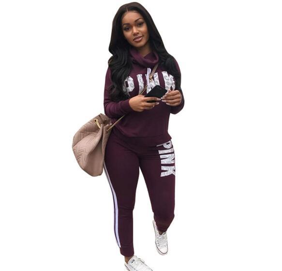 Women 2018 Sportswear Hoodies Love Letter PINK Print Sweatshirt + Pants Two-piece Set Women Jogging Sport Suit for Ladies Leisure Tracksuit