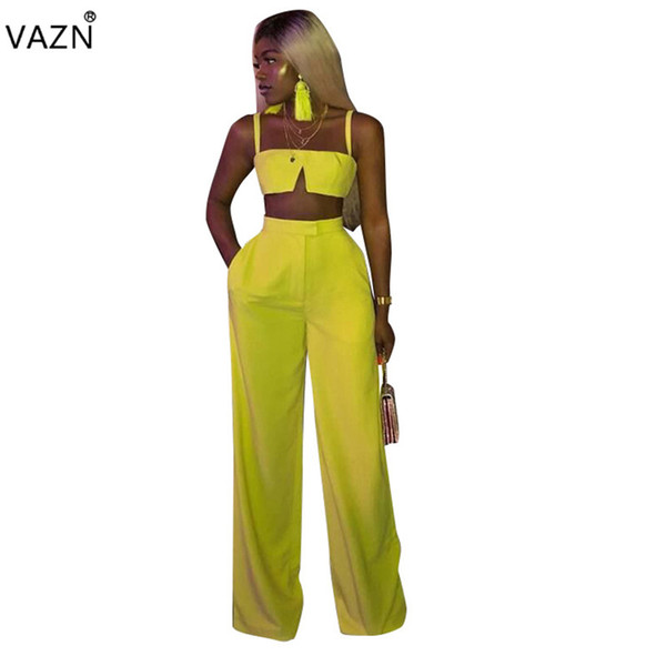 VAZN 2018 summer hot sexy spaghetti strap jumpsuits women solid sleeveless 2-pieces jumpsuits ladies wide leg F8144