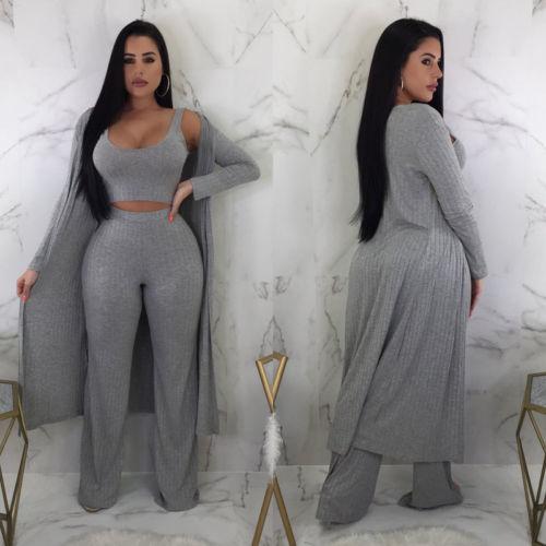 3Pcs Clothes Set Knit Sets Women Long Sleeve Cardigan Cloak Crop Top Pants Casual Suit Women Autumn Cloting