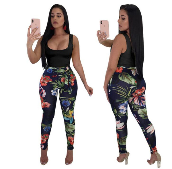 2019 bandage body-shaping two-piece new summer sportswear set women's fashion floral trousers floral girls mountaineering sportswear