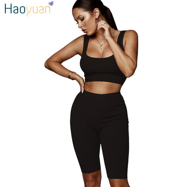 HAOYUAN High Elastic Rib Sexy 2 Piece Set Women Tank Crop Top+Bodycon Shorts Sweat Suits Black White Two Piece Tracksuit Outfits