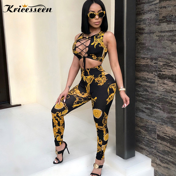 Kricesseen Sexy Bandage Printed Two Piece Pants Set Summer Womens Lace Up Crop Top Pencil Pants 2PCS Set Sporty Suit Outfits