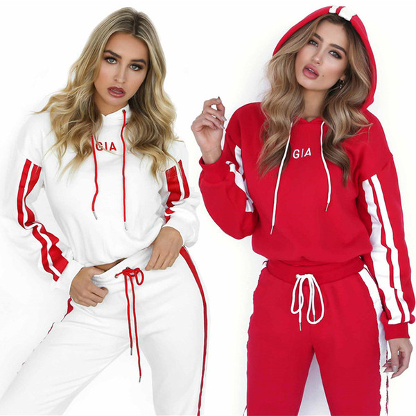 Womens Tracksuits Fashion Print Two-piece Suit Casual Letter Striped Sportswear Loose Style Pullover & Trousers