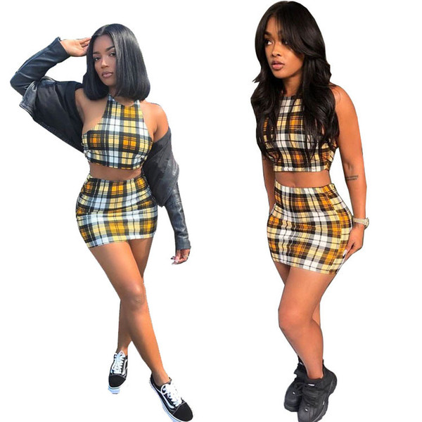 Women Tracksuits Casual Active Fashion Spring Summer Sexy Plaid Print Backless Panelled Vest Skirt Polyester Size S-2XL