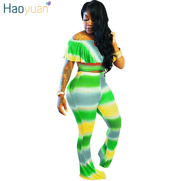 HAOYUAN Plus Size Sexy Two Piece Set Women Outfits Off Shoulder Ruffle Tops+Pants Suits Casual Clothes Tracksuits Matching Sets