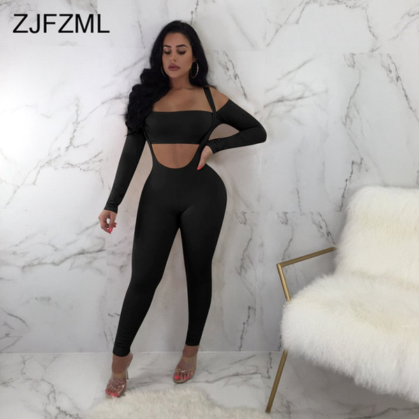 ZJFZML Solid Autumn Outfits For Women Two Piece Set Slash Neck Long Sleeve Crop Top+Bodycon Romper Casual 2 Piece Matching Suit