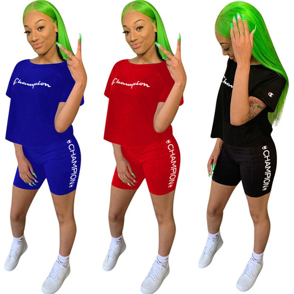 Champion Suit Woman Outfit Summer Tracksuit Print Two-piece Set Clothes Short-Sleeved T-Shirt + Shorts Pants Suit Sportswear SALE A52007