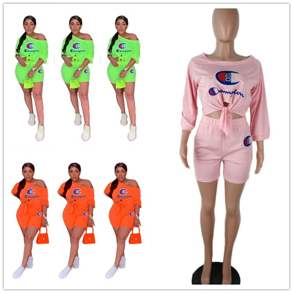 Women's Off-Shoulder Tracksuit Summer Champions Outfits Three Quarter Sleeve Bandage T-Shirt + Shorts 2 Pieces Set Clothes S-3XL A51301