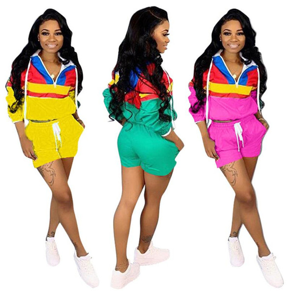 Spring Summer Patchwork Color Tracksuit Women Long Sleeve Zipper Turtleneck Hoodies + Shorts Pants 2 Piece Set Casual Sports Suit A3193