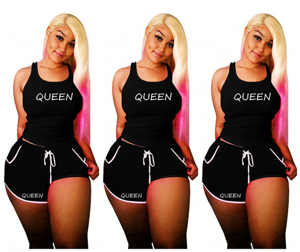 Pink Summer Queen Letter Women Tracksuit outfit Vest + shorts 2 piece Set Sleeveless t shirt tank with drawstring pants Sportswear Gym Suit