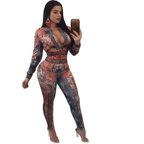 Women Rose Printed 2 Piece Sets Sweatsuit Long Sleeve Zipper Leopard Slim Casual Tracksuit Autumn 2 Piece Outfit Leisure Suits