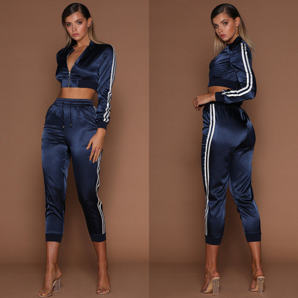 WannaThis 2019 Autumn Winter Satin Sets Women Zipper Side Stripe Crop Tops Drawstring Calf Length Pants Sexy Workout Tracksuits