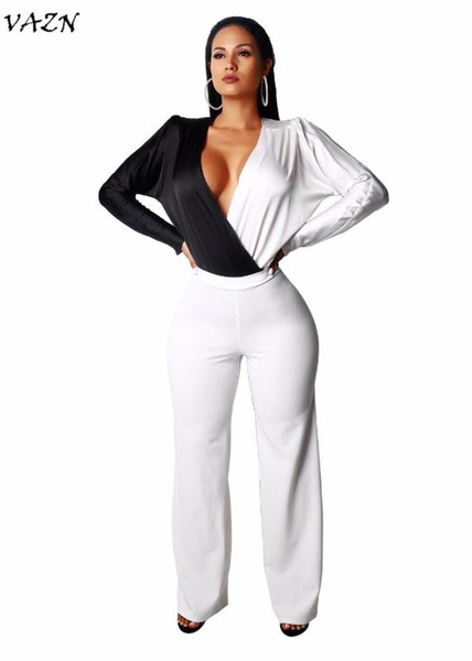 VAZN 2018 new arrive sexy deep v-neck jumpsuits women solid full sleeve 2-pieces jumpsuits Classic black and white sets SMN8303