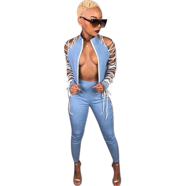 Sexy Nightclub 2 Piece Sets Women Bandage Hollow Out Zipper Short Jacket Tops + Tight Pants Set Lace Up Party Two Pieces Outfits