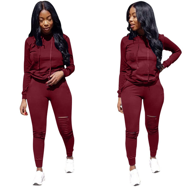 Women Designer 2pcs Suits Solid Color Holes Ripped Pants Hooded Sweatshirts 2pcs Clothing Sets Tracksuits