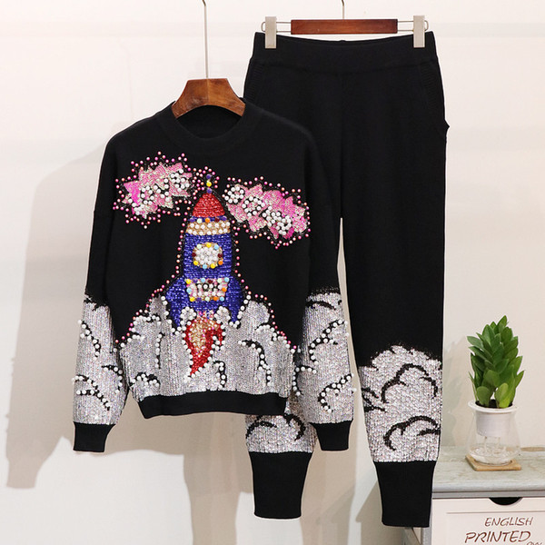 Autumn winter 2 piece set women knitted set Embroidery sequined sweater + knitted pants Women two piece